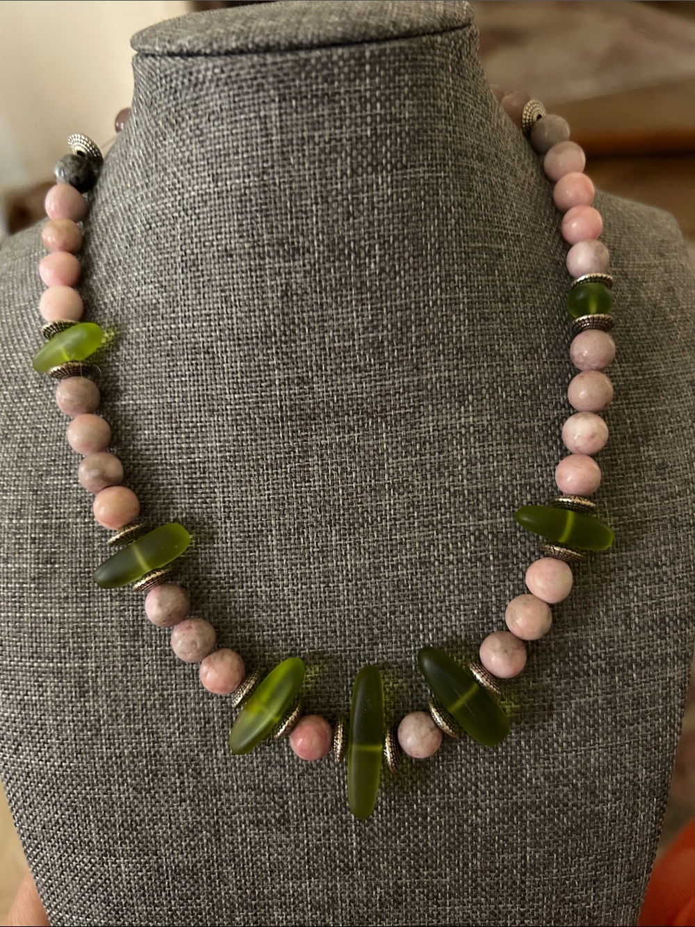 Pink and Olive Green Beaded Women's Necklace 16”- Fresh natural stone and glass.
